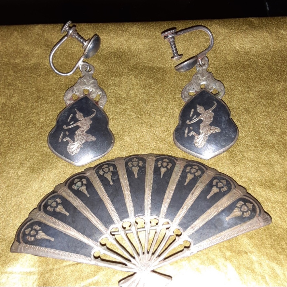 Sterling set pin & matching earrings, fan design